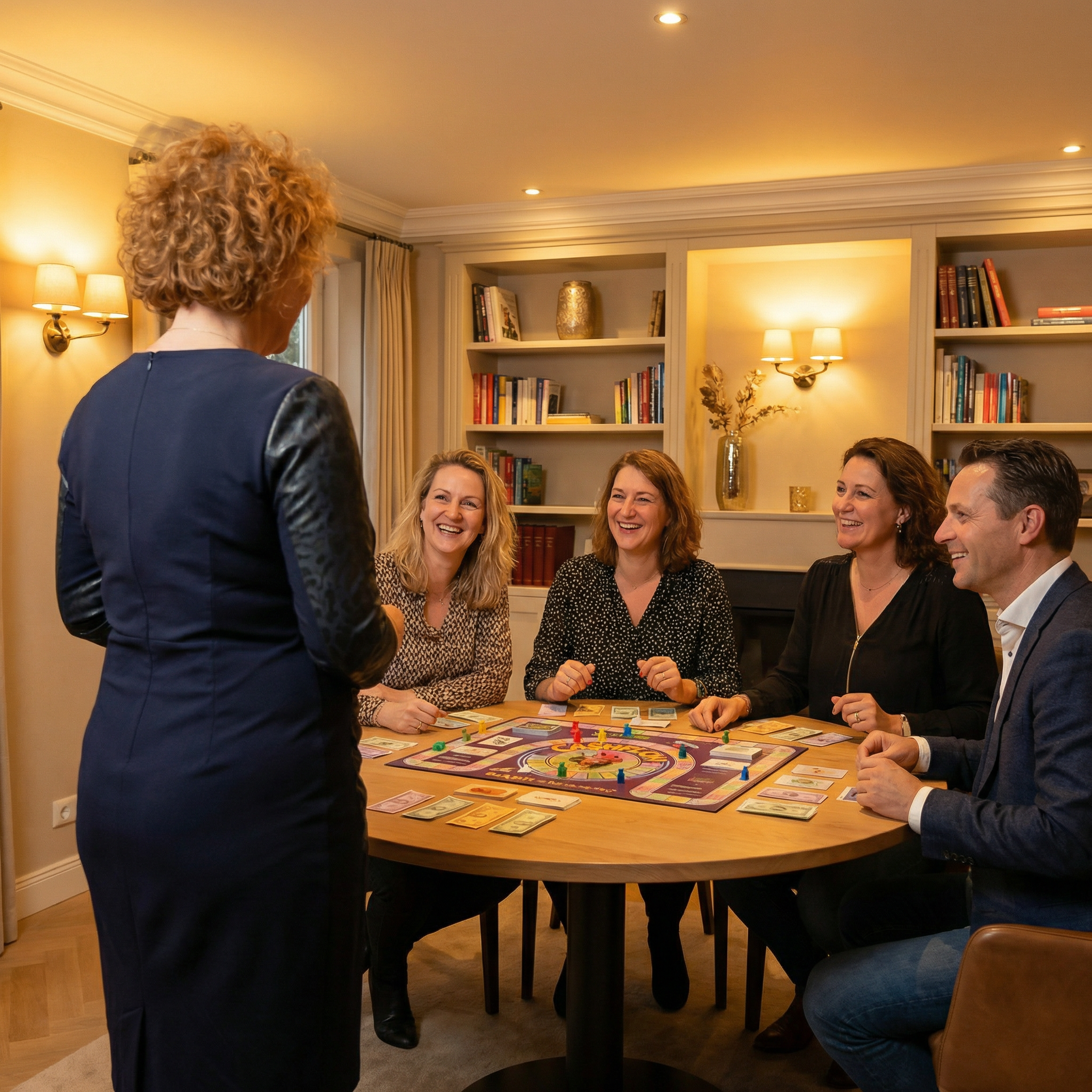 Cordula Freiberger leitet eine CASHFLOW-Spielrunde mit Erwachsenen